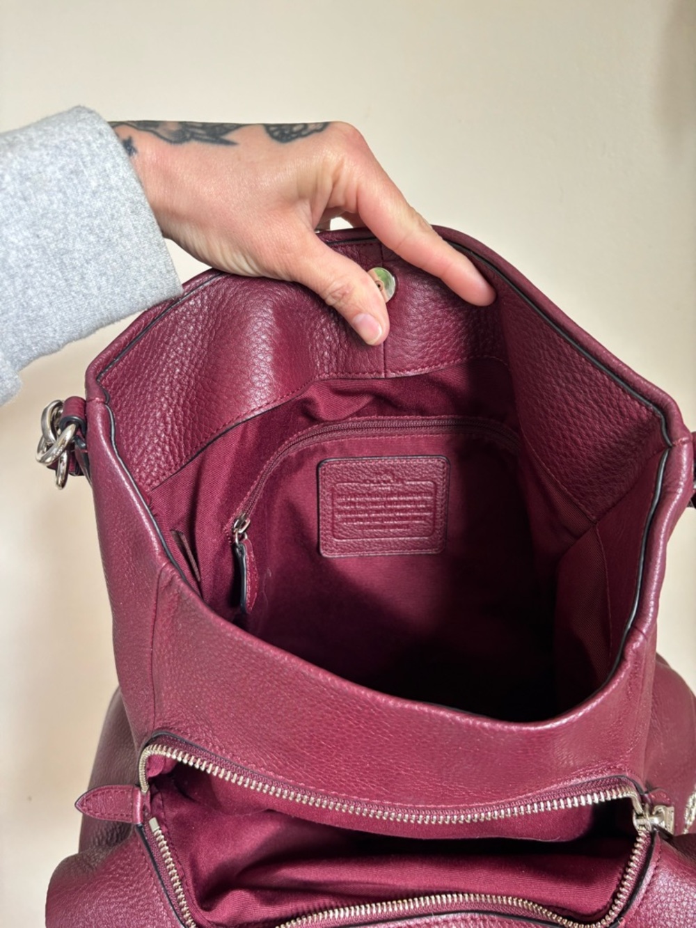 COACH Phoebe Pebbled Leather Shoulder Bag In Burgundy - Picture 6 of 9